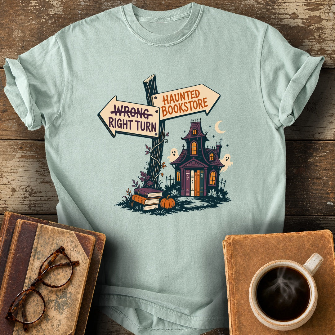 Right Turn: Haunted Bookstore Tee - bay shirt mockup